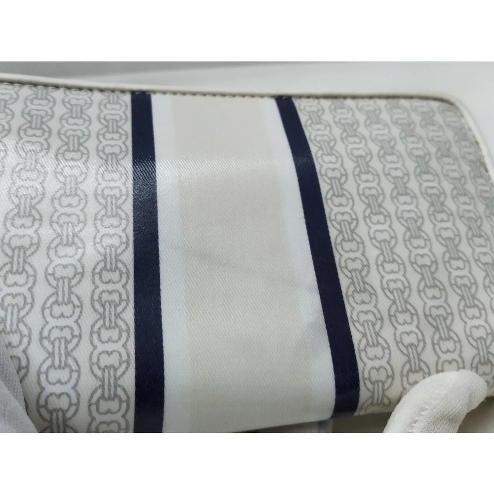 Tory Burch Gemini Ivory Gray Coated Canvas Link Stripe Zip Around Wallet